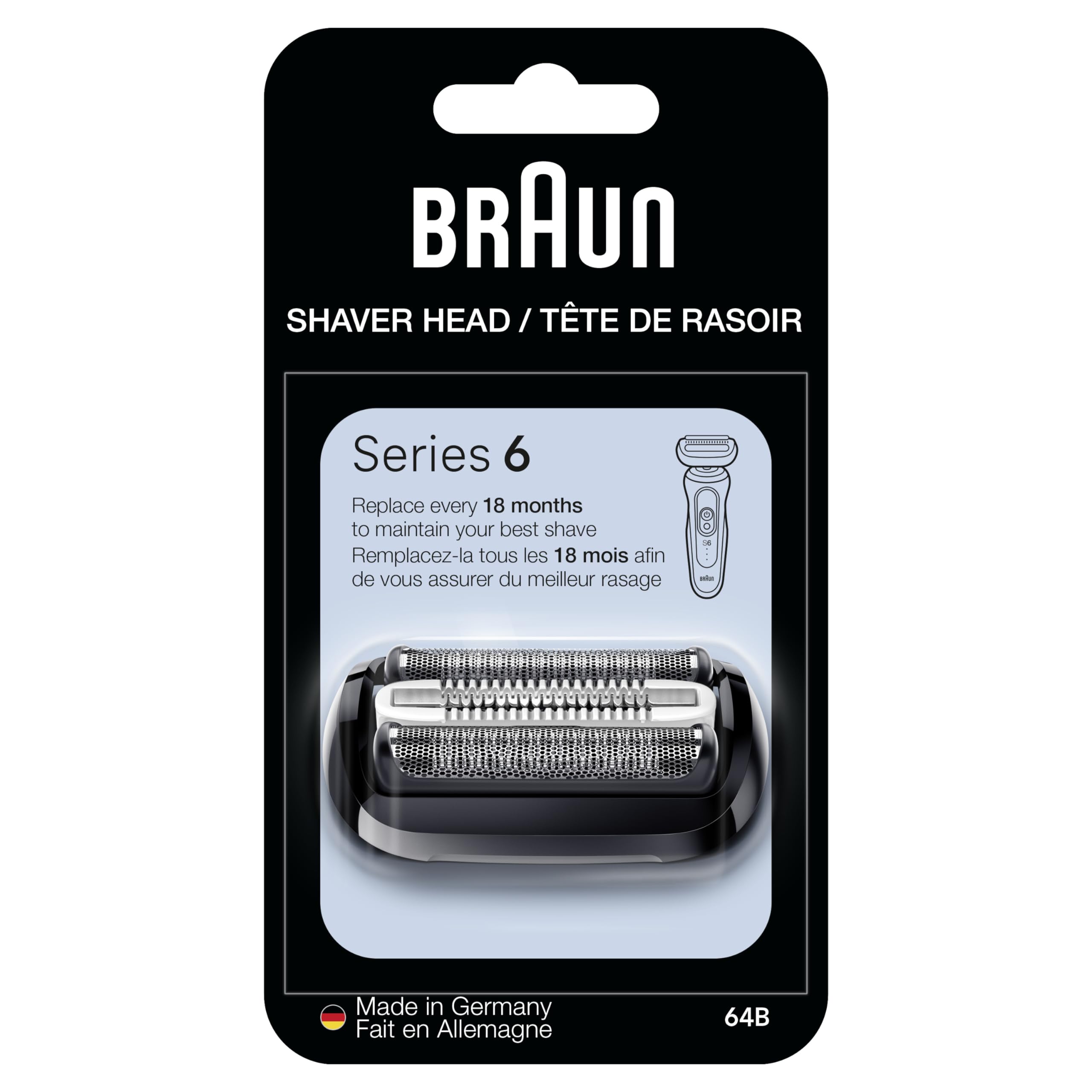 Braun Series 6 Electric Shaver Replacement Head with Sensitive Skinguard, Easily Attach Your Shaver Head, Compatible with New Generation Series 6 Shavers, 64B, Black