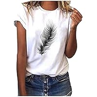 Women's Feather Print Short Sleeve T Shirt Vintage Graphic Tee Summer Casual Short Sleeve Tops Crewneck Loose Blouse