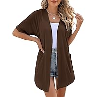 LOMON Women's Cardigans Open Front Lightweight Long Cardigan Summer Short Sleeve Casual Cover Ups with Pockets