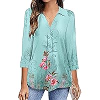 Women Boho Floral 3/4 Sleeve Lapel V Neck Casual Tunic Tops Summer Trendy Dressy Loose Tee Blouses for Office Work