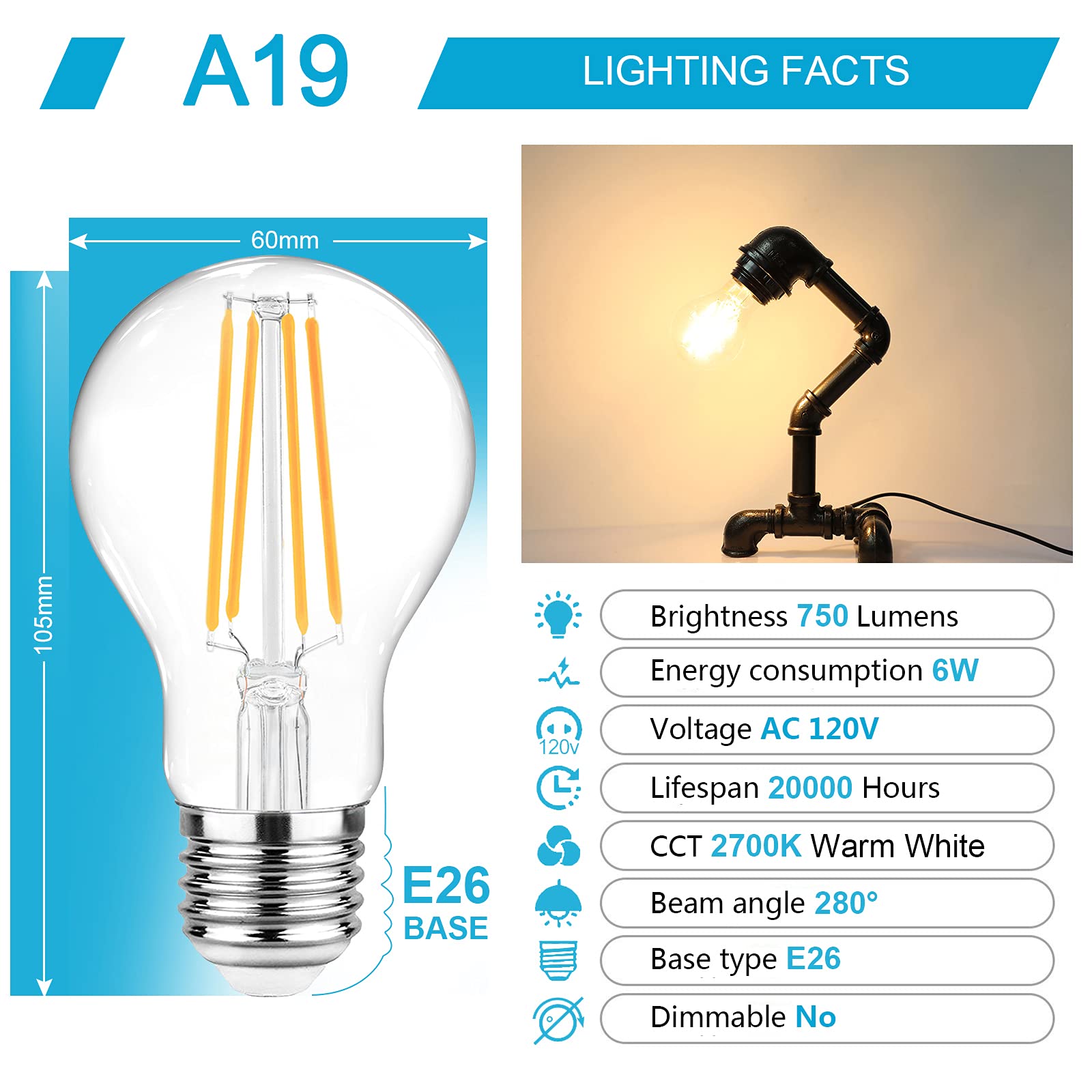 Ascher 60 Watt Equivalent, E26 LED Filament Light Bulbs, Warm White 2700K, Non-Dimmable, Classic Clear Glass, A19 LED Light Bulb with 80+ CRI, 6-Pack