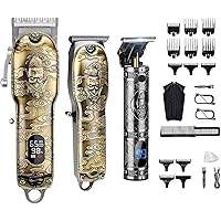 Haircut Clippers and Trimmers Set of 3, Suttik Cordless Ornate Hair Clippers for Men Professional Barber Clippers for Hair Cutting Kit with T-Blade Beard Trimmer Set, Knight, LED Display(Gold)