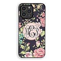 Monogram Floral Roses Case for iPhone 15 Pro Plus Max, Personalized iPhone, Gift for Her Birthday Mom Girls, Black Rubber, Slim Fit