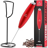Zulay Powerful Milk Frother for Coffee with Upgraded Titanium Motor-Handheld Frother Electric Whisk (Red) with Ultra Frother Stand Holds Multiple Types Of Coffee (Black)