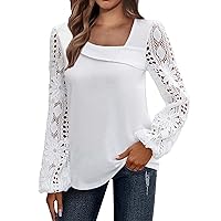 Women's Long Sleeve Shirts Lace Trim V Neck Cute Tops Spring Lace Puff Sleeve Pleated Flowy Blouse Lightweight Tshirts
