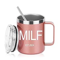 New Mom Gifts, MILF Est 2024 Stainless Steel Insulated Mug with Handle, Funny Gift Idea for First Time Mom, Birthday Mothers Day Gifts for New Mom 12OZ Rose Gold