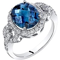 PEORA London Blue Topaz Ring for Women 14K White Gold, Natural Gemstone Birthstone, Large 3 Carats Oval Shape 10x8mm, Comfort Fit, Sizes 5 to 9