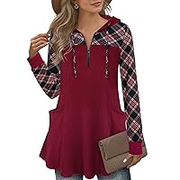 Vivilli Plus Size Tunic Hoodies for Women Fashion 2022 Flowy Hooded Tunics Lightweight Long Drawstring Hooded Shirts Plaid Color Block Hoodie Dress Loose Fit Maternity Berry Red 3XL