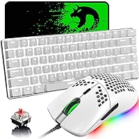 Gaming Keyboard and Mouse,3 in 1 White LED Backlit Wired Mechanical Keyboard Red Switch,RGB 6400 DPI Lightweight Gaming Mouse with Honeycomb Shell,Gaming Mouse Pad for PC Gamers(White)