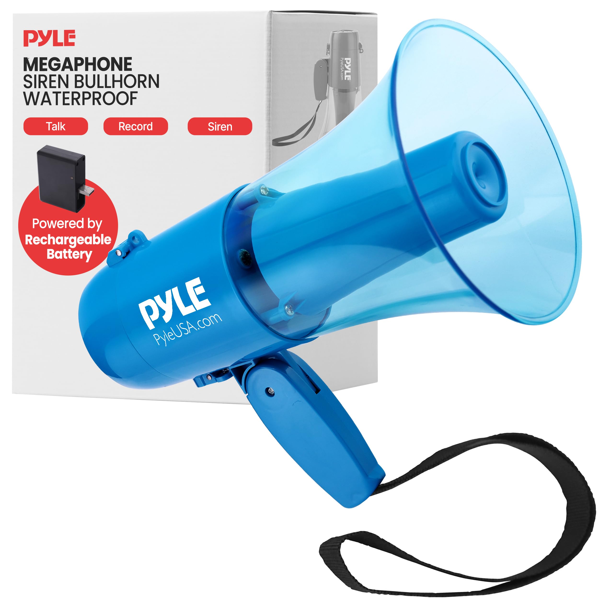 Pyle 30W Megaphone Siren Bullhorn Speaker, Rechargable, Portable and Lightweight Automatic Bullhorn for Indoor & Outdoor Use, 500 Square Yards Projection Range, Used as Siren/Music (Transparent Blue)