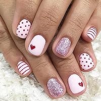 Valentines Nails Press on Nails Short Square Heart Fake Nails 24Pcs Glitter Design Valentines Day Nails with Glue Valentines Red Heart Full Cover False Nails for Women and Girls DIY Manicure