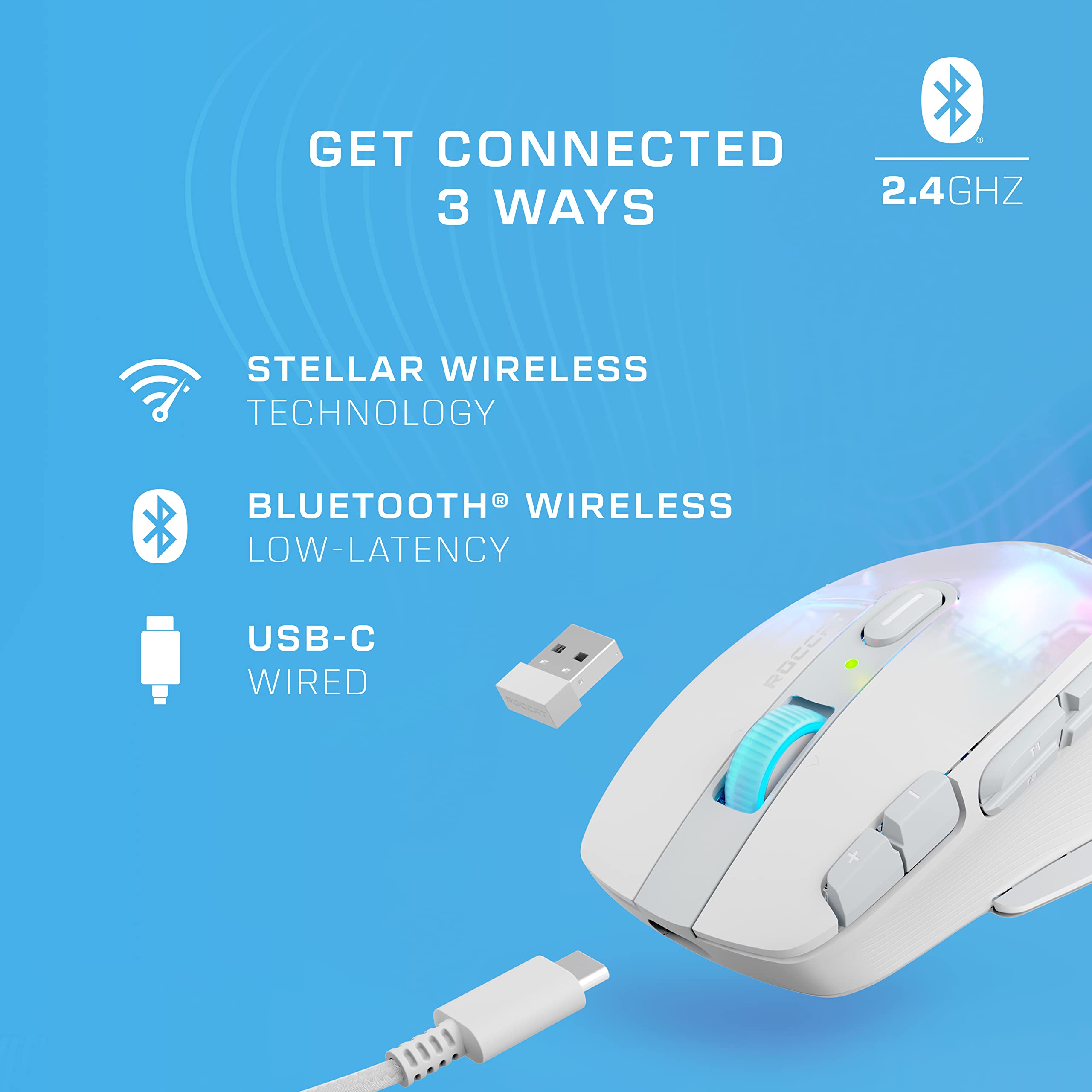 ROCCAT Kone XP Air – Wireless Customizable Ergonomic RGB Gaming Mouse, 19K DPI Optical Sensor, 100-hour Battery & Charging Dock, 29 Programmable Inputs & AIMO RGB Lighting, 4D Wheel – White