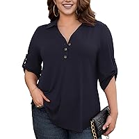 Women's Plus Size Casual Button Down V Neck 3/4 Roll Sleeve Blouses Relaxed Fit Tops Tunic Shirts