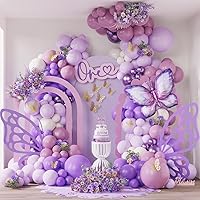 150Pcs Butterfly Balloon Garland Arch Kit, Dawn Purple Pastel Purple Balloons with Large Butterfly Foil Balloon, 3D Butterfly Wall Stickers for Wedding Baby Shower Girl 1st Birthday Fiesta Party Decor