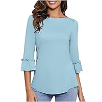 Womens Ruffle 3/4 Sleeve Shirts Summer Fashion Tunic Tops Round Neck Casual Loose Fit Comfy Tees Blouse