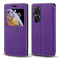 for Asus ZenFone 9 Case, Wood Grain Leather Case with Card Holder and Window, Magnetic Flip Cover for Asus ZenFone 10 (5.92”) Purple