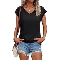 AUTOMET Womens V Neck Tshirts Cap Sleeve Casual Tops Oversized Cute T Shirts Summer Clothes Trendy Basics Tees Clothing