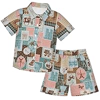 visesunny Toddler Boys 2 Piece Outfit Button Down Shirt and Short Sets Colorful Cute Eiffel Tower Boy Summer Outfits