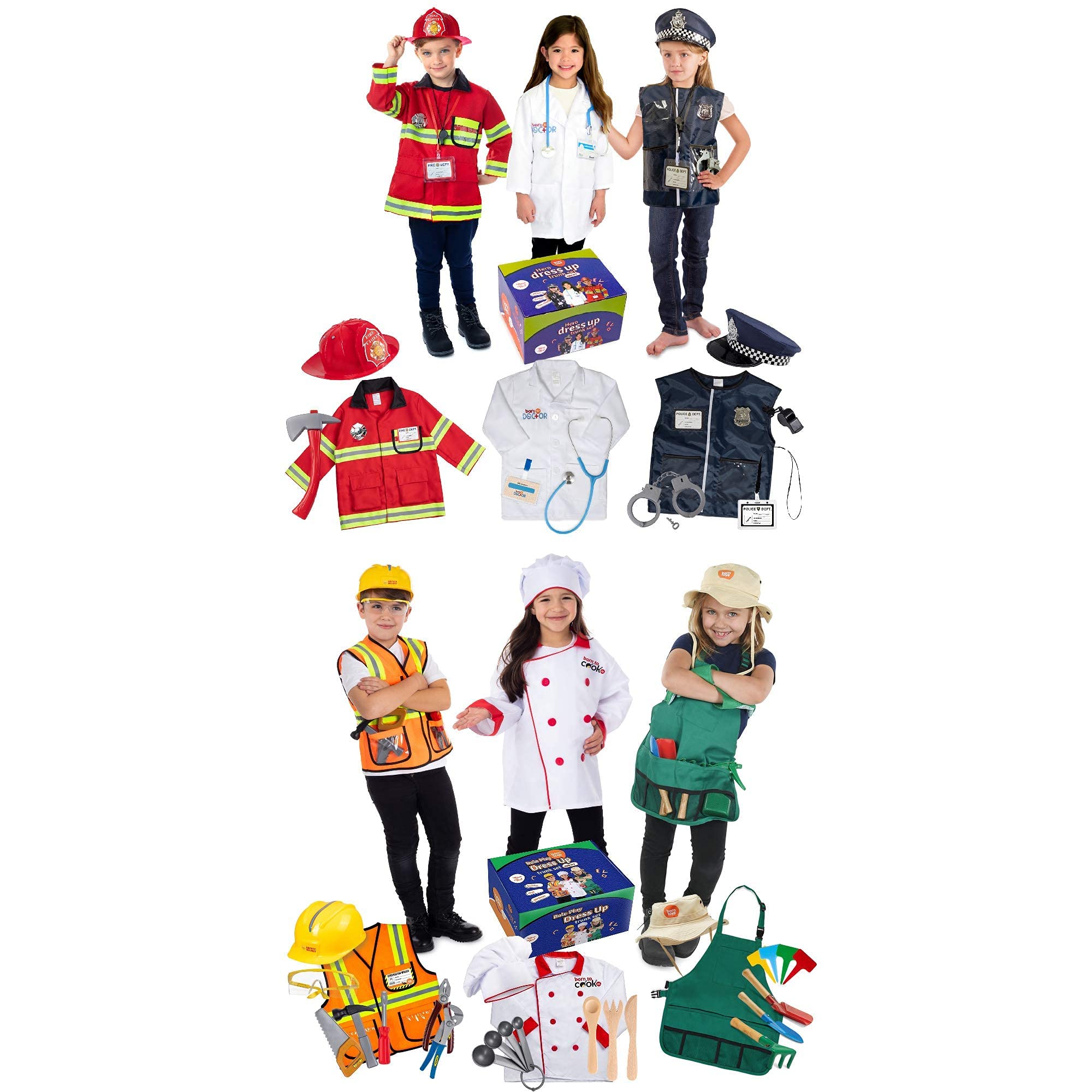 Born Toys Deluxe Premium Washable Hero and Dress up Trunk Set Bundle Includes Fireman,Policeman,Doctor,Construction worker,Gardener,Chef Costumes for Boys and Girls Ages 3-8