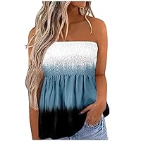 Women Butterfly Print Smocked Off Shoulder Tube Tops Summer Backless Trendy Sexy Casual Loose Fit Sleeveless Shirts
