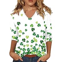 Women's St. Patrick's Day Tops V Neck 3/4 Sleeve Clover Printed Blouse 2024 Fashion Irish Loose Fit T Shirts