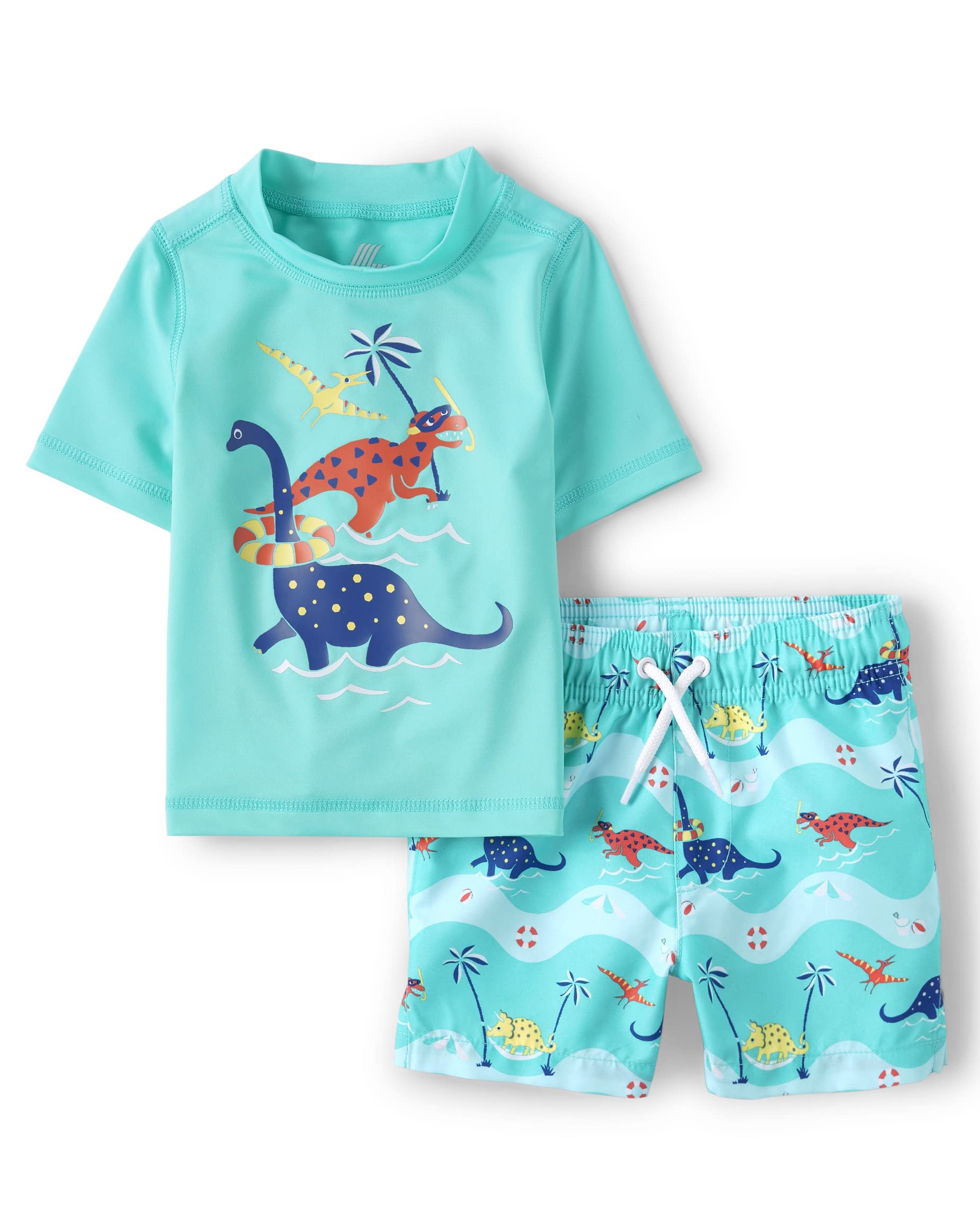 The Children's Place Boys' and Toddler Short Sleeve Rashguard Swimsuit, 2 Piece Set