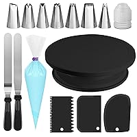 RFAQK 35PCs Cake Decorating Supplies Kit and Rotating Cake Turntable with Non Slip pad- 7 Icing Tips and 20 Bags- Straight & Offset Spatula - 3 Scraper Set - Ebook, Black