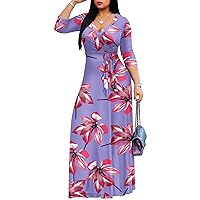 AOMONI Women's Maxi Floral Print Casual 3/4 Sleeve V-Neck Wrap Tie Waist Long Dress
