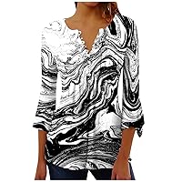 Tops for Women Causal Ethnic Floral Print Tunic Tshirt V Neck Henley Button Blouse 3/4 Flared Sleeve Retro Marble Graphic Tee