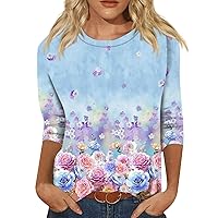3/4 Length Sleeve Womens Tops Tees Blouses Crew Neck Cotton Shirts Dressy Casual Floral Tunic Petite T Shirts