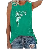 Women's Crewneck Tank Top Loose Fit Summer Tunic Tanks Dandelion Print Sleeveless Shirts for Women Fashion T-Shirt