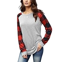 Decrum Buffalo Plaid Shirts for Women - Raglan Sleeve Tops for Womens Baseball Tee Checkered