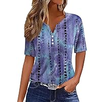 Women's Summer Tops Dressy Casual Short Sleeve V Neck Button Up Henley Shirts Trendy Floral Print Work Office Blouses