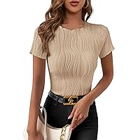 PRETTYGARDEN Women's Summer Tops 2024 Casual Short Sleeve Crewneck Slim Fit T Shirts Basic Knit Y2K Top Textured Blouse