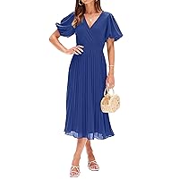 MEROKEETY Womens 2024 Summer Puff Sleeve Wrap V Neck Pleated Flowy Midi Dress for Wedding Guest