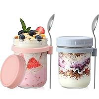 2 Pack Overnight Oats Containers with Lids and Spoons, 16 oz Glass Mason Jars for Overnight Oats, Large Capacity Airtight Jars for Milk, Cereal, Fruit (Pink+Grey)