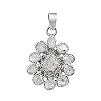 2.00 CTW Natural Diamond Polki Flower Pendant 925 Sterling Silver Platinum Plated Slice Diamond Jewelry