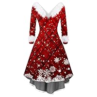 Women's Christmas Dresses Furry Collar Vintage Dresses Long Sleeve Swing Dress V-Neck Casual and Fashionable Dress