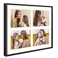 Frametory, 12x16 Aluminum Collage Picture Frame, Displays Four 5x7 inch Pictures with Mat, Real Glass Front, Portrait or Landscape Wall Mounting (1 Pack, Black)