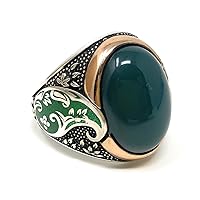 925K Sterling Silver Green Agate Aqeeq Men's Enameled Ring Special Edition