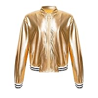 FEESHOW Girls Boys Sequined Metallic Bomber Jacket Zip Up Coat Outerwear for Hip Hop Jazz Sports Diaco Party Wear