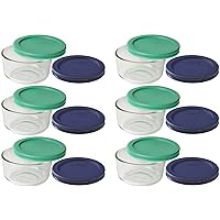 Pyrex Storage 1 Cup Round Dish, Clear with Green + Blue, Pack of 6, Lids
