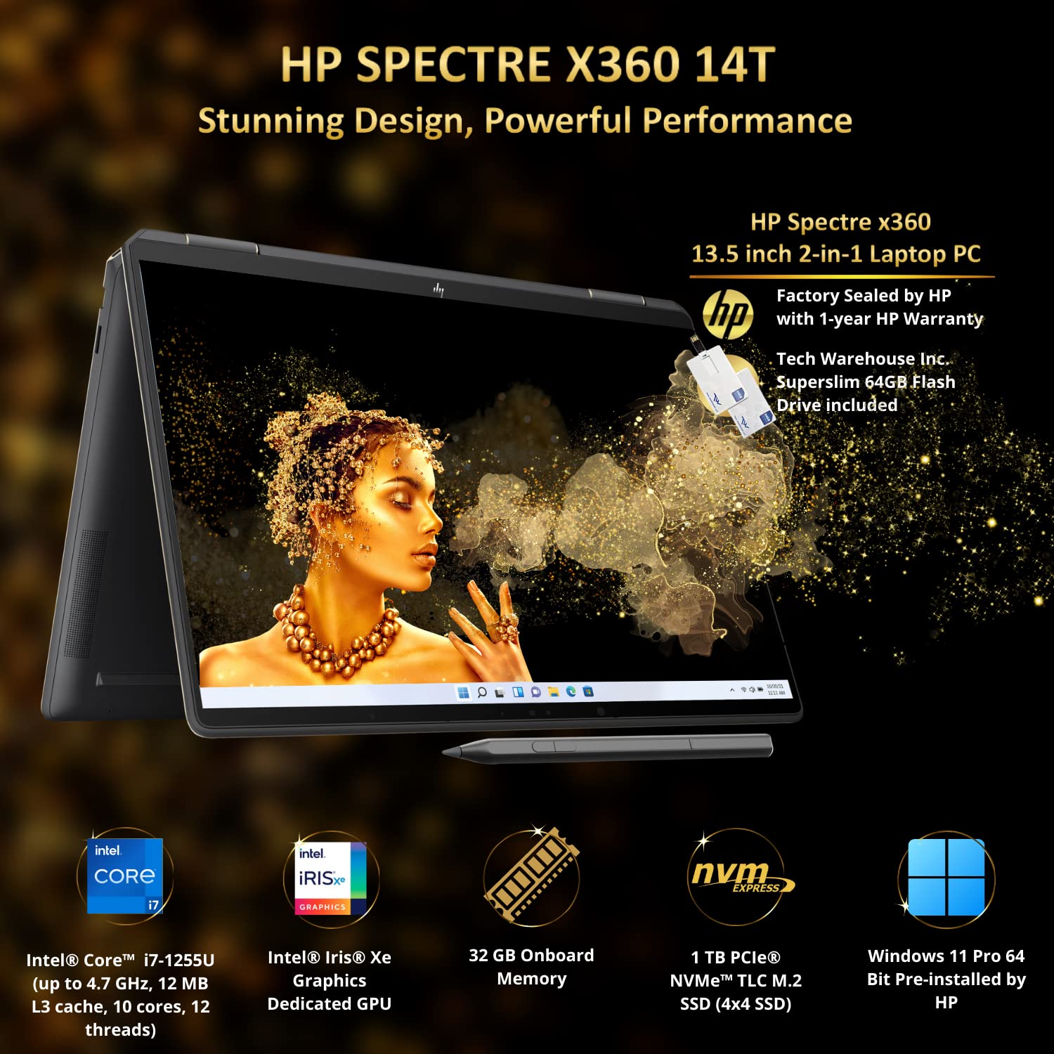 HP Spectre x360 14T Laptop i7-1255U, 32GB RAM, 1TB NVMe SSD, 13.5