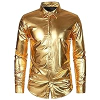 Men's Shiny Metallic Shirt 70s Disco Party Long Sleeve Button Down Dress Shirts Fashion Nightclub Prom Wedding Shirt