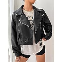 Women's Jackets Jackets for Women Zip Pocket Flap Detail Moto Jacket Lightweight Fashion (Color : Black, Size : Medium)