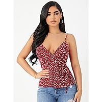 Women's Tops Shirts for Women Sexy Tops for Women Allover Heart Print Wrap Knot Detail Cami Top Shirts for Women (Color : Red, Size : X-Small)