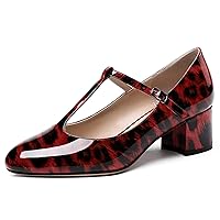 WAYDERNS Women's Patent Leather T Strap Ankle Strap Round Toe Low Chunky Heel Pumps Shoes 2 Inch