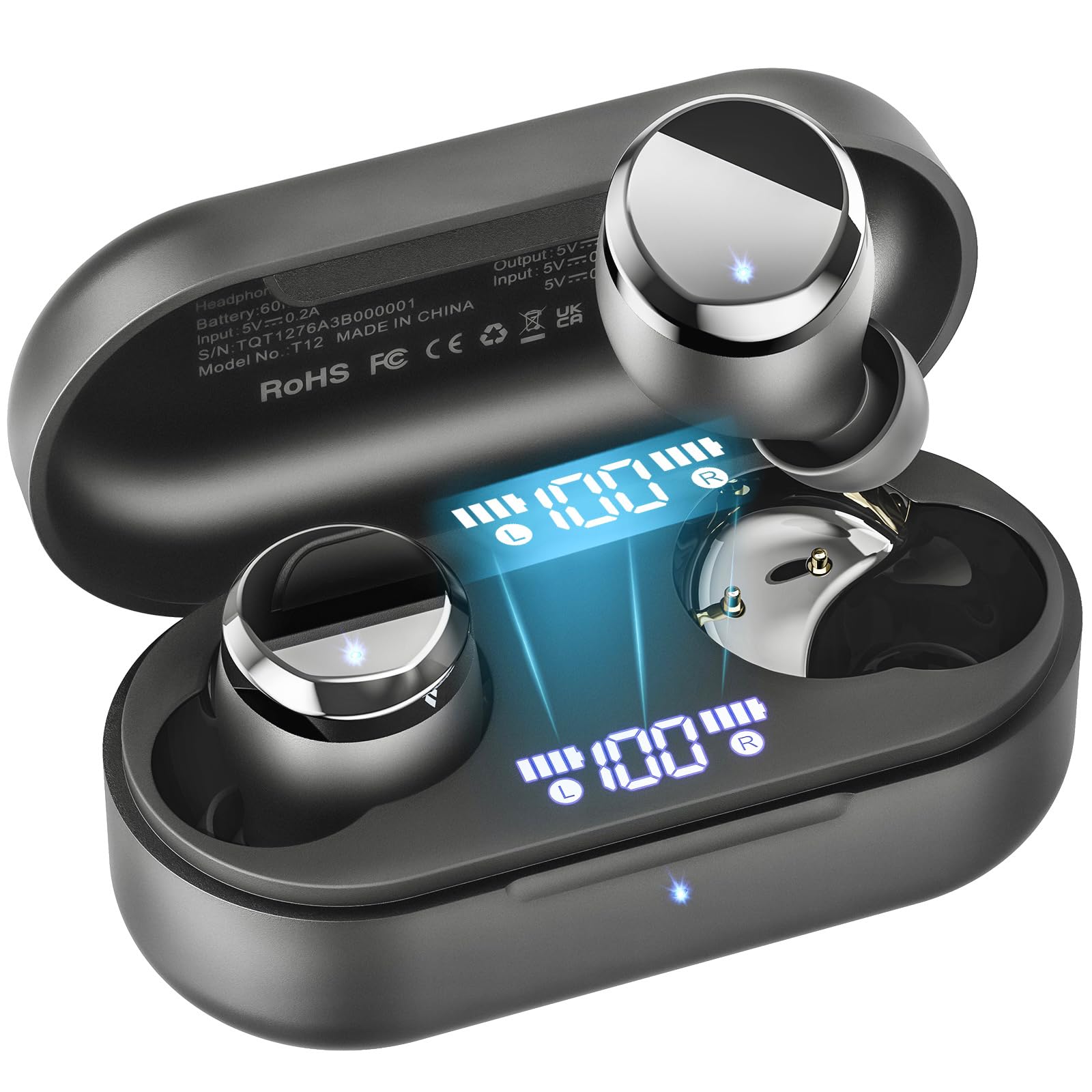 TOZO Tonal Dots Wireless Earbuds Bluetooth 5.3 Headphones Built-in ENC Noise Cancelling Mic, 55H Playtime LED Digital Display with Wireless Charging Case, App Control Immersive Premium Sound Black