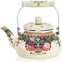 2.6 Quart Enamel Tea Kettle Stovetop, Large Porcelain Enameled Teakettle, 2.5L Vintage Tea Pot with Ceramic Cool Handle, Retro Steel Teapot for Hot Water, Decor, No Whistling, Fly Birds Pattern