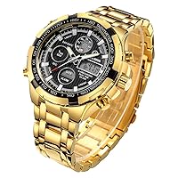 Luxury Fashion Men's Watches Stainless Steel Heavy Bullet Sport Chronograph Waterproof Gold Two Tone Date Alarm Multifunction Analogue Digital Watch